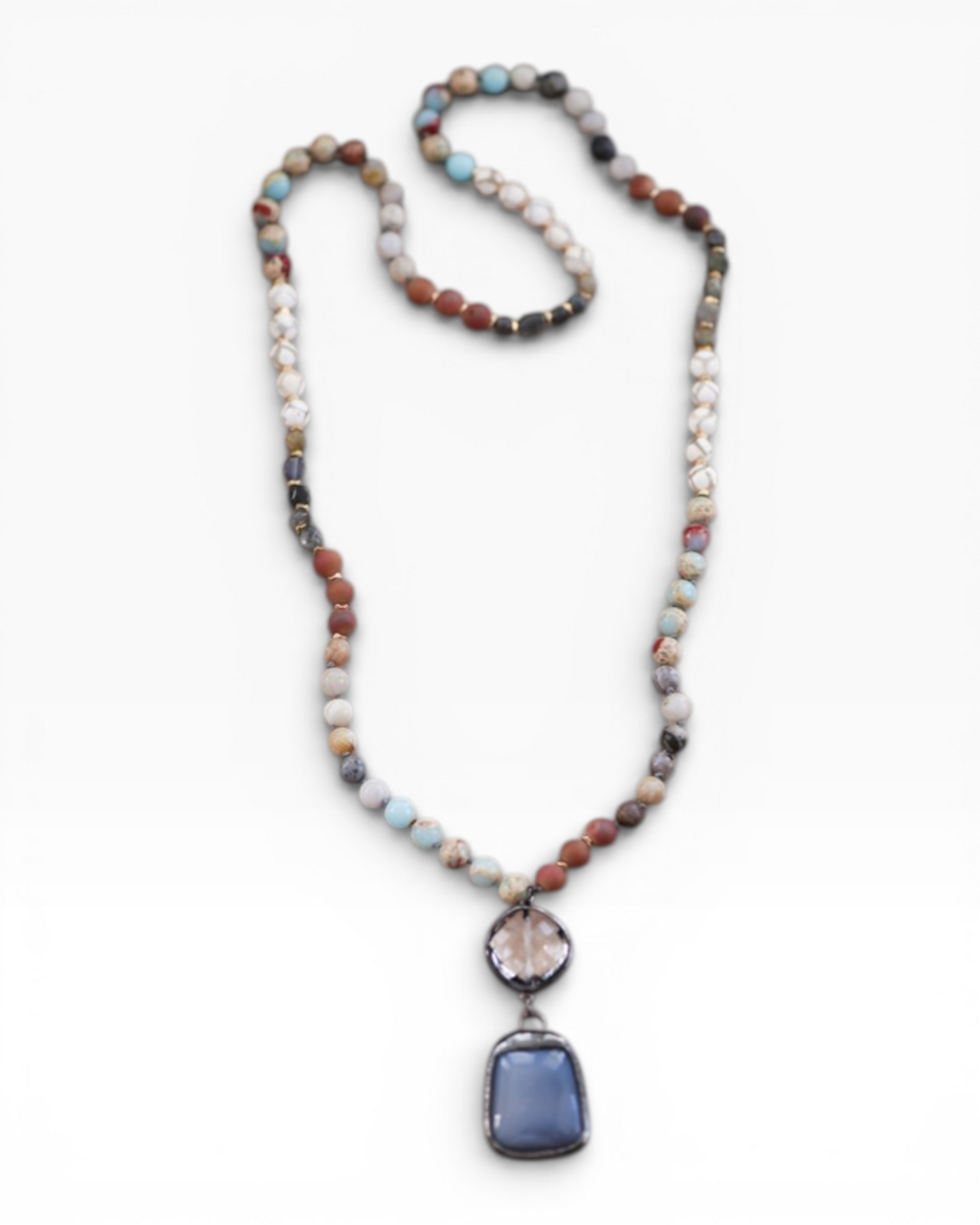 Natural Stone Bead Necklace With Stone Pendant