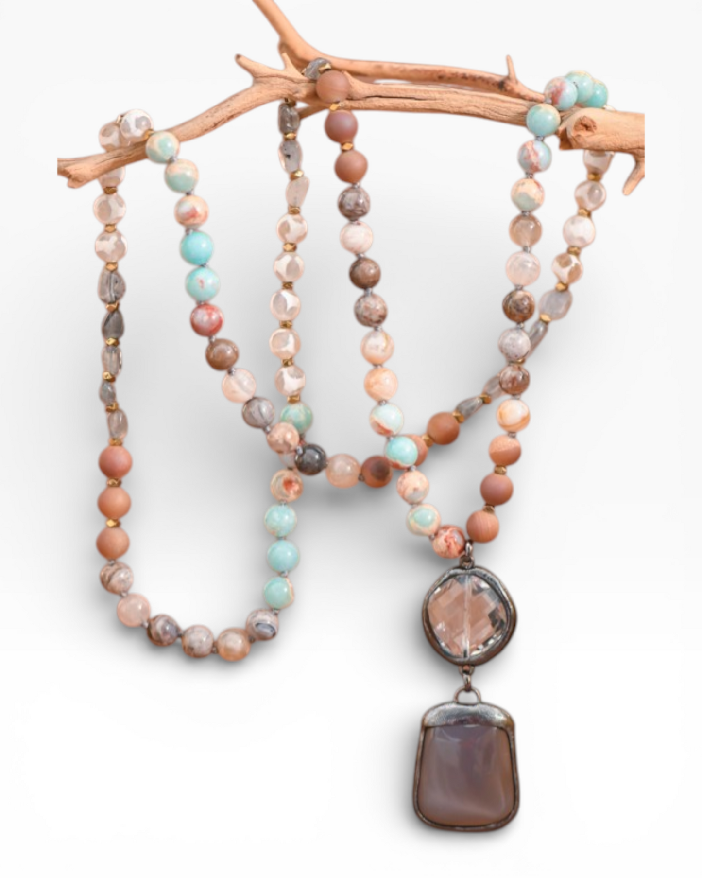 Natural Stone Bead Necklace With Stone Pendant