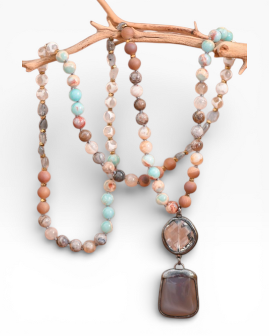 Natural Stone Bead Necklace With Stone Pendant