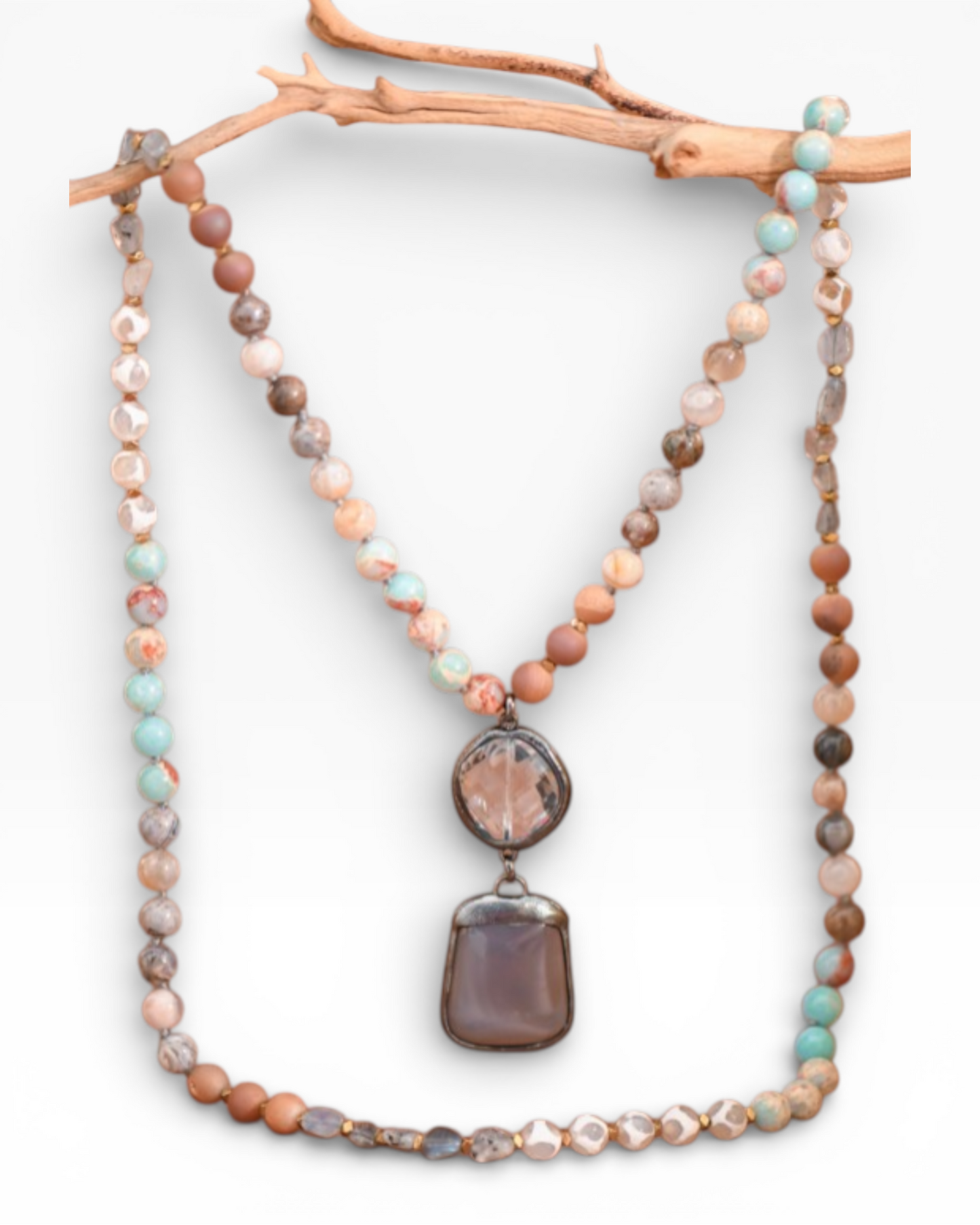 Natural Stone Bead Necklace With Stone Pendant