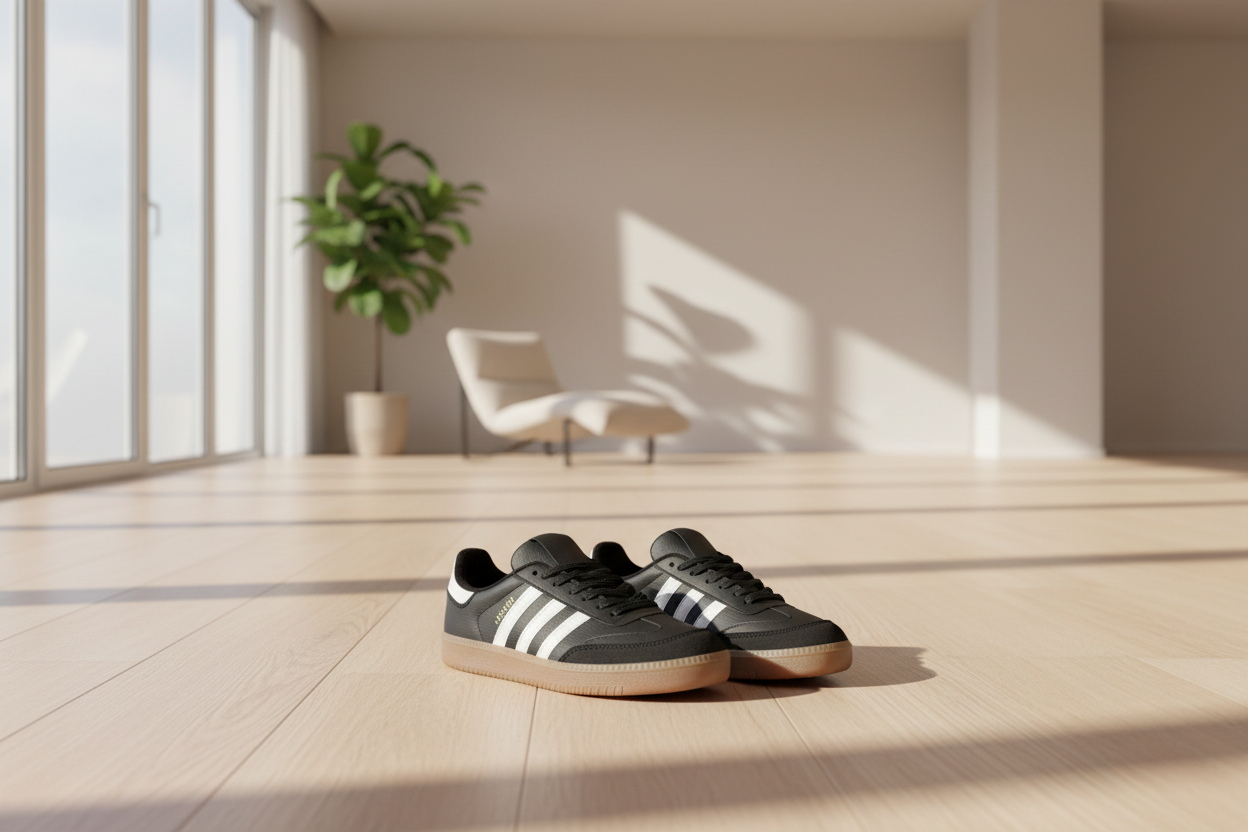 Person tying black sneakers with white accents on a neutral background