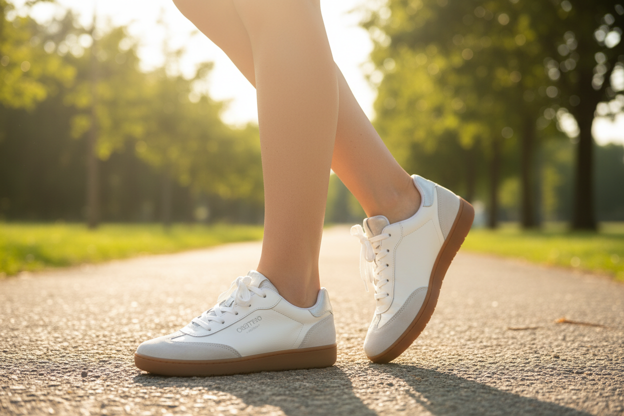 Light blue sneaker with a visible brand tag on a beige background