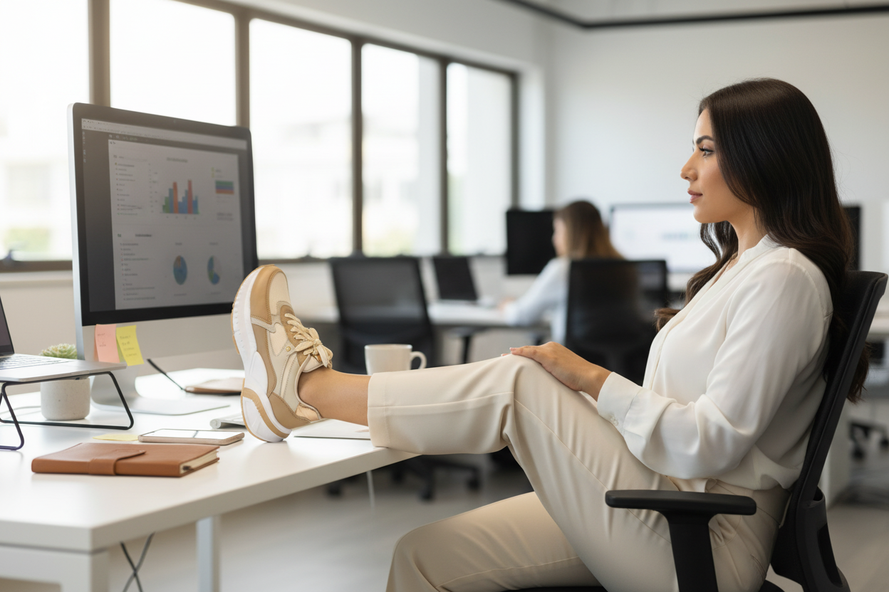 Beige and white sneakers worn by a person on a beige background