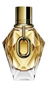 Perfume bottle with gold cap and clear base on a white background