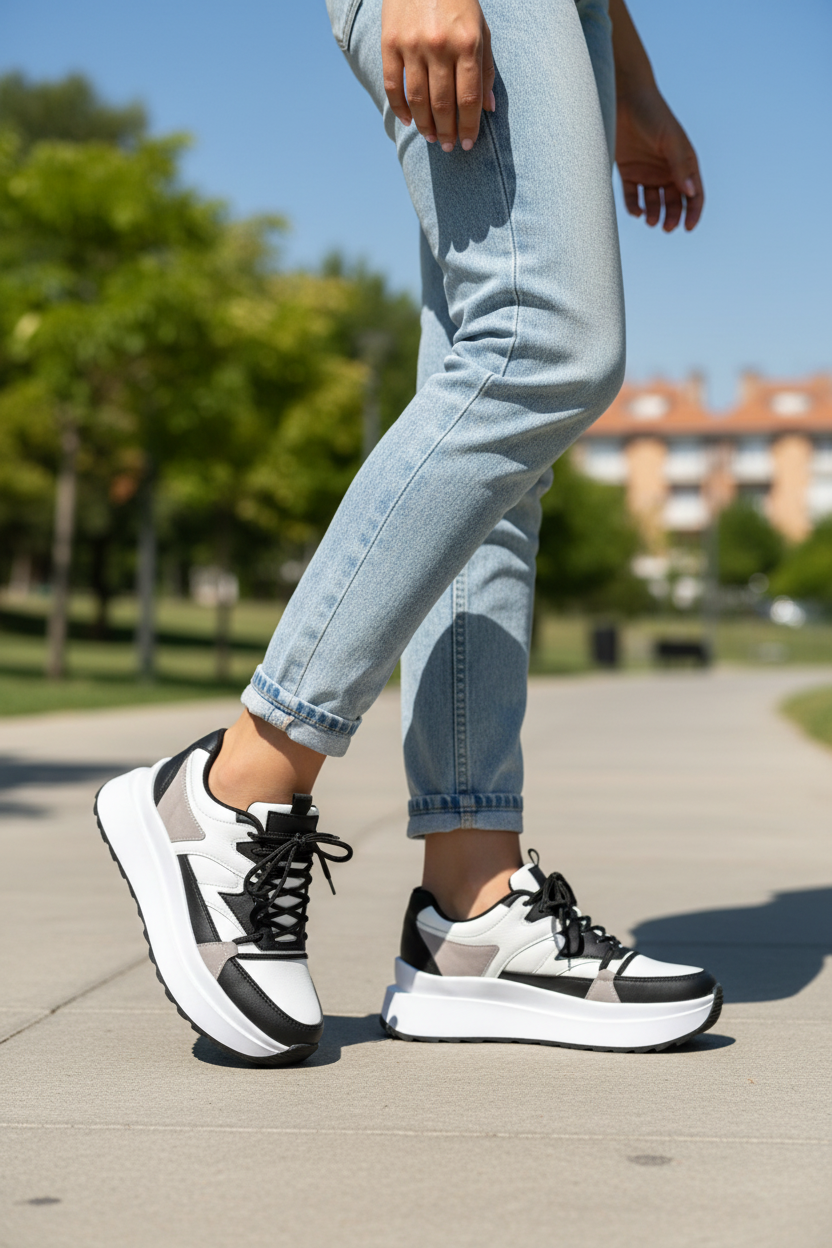 Black and white sneakers worn with light blue jeans on a neutral background
